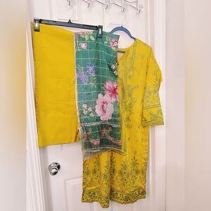 Bright Yellow Ethnic Dress with Green Floral Scarf 3 pc
